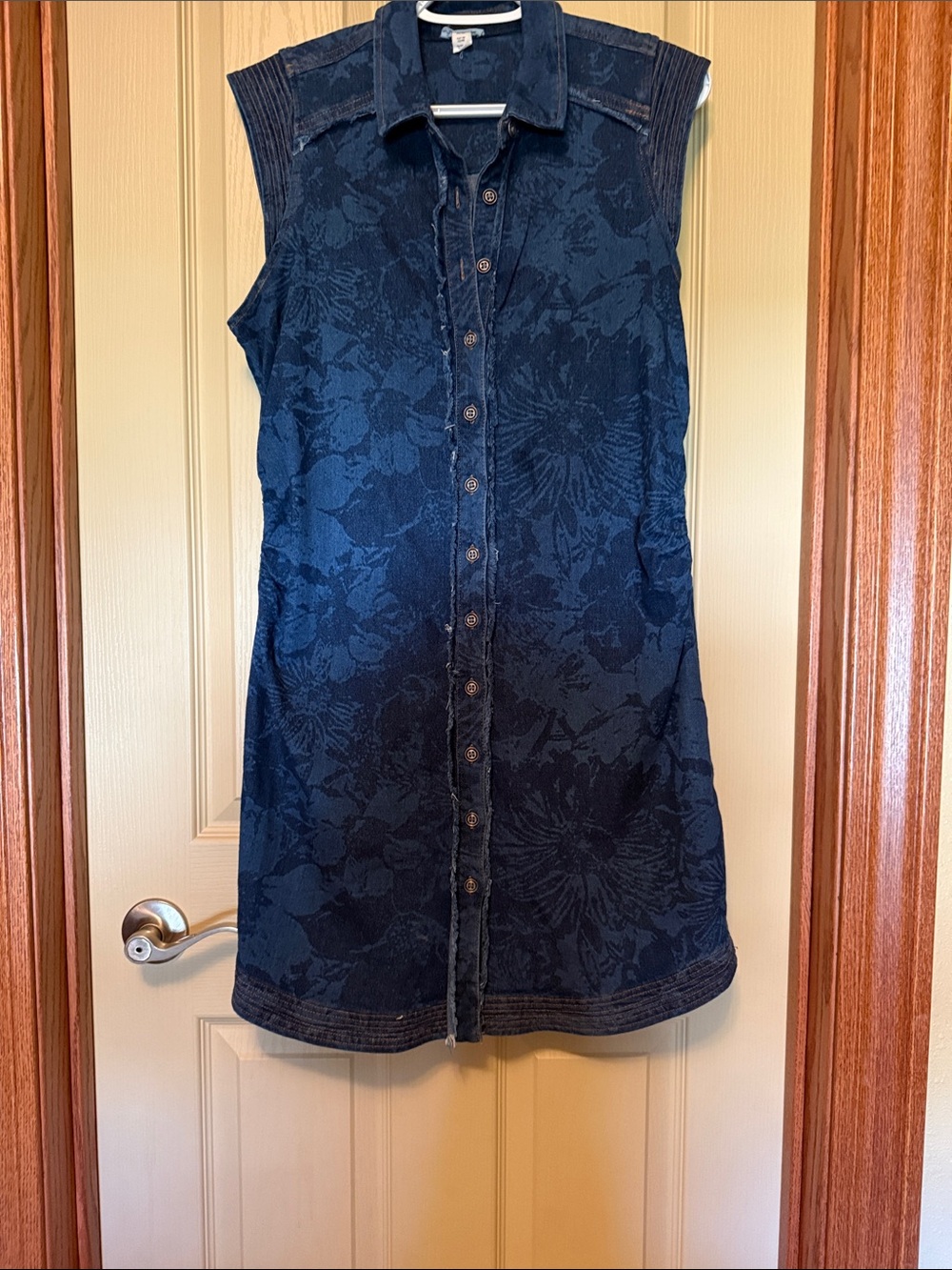 Tribal Dark Blue Floral Denim Sleeveless Shirt Dress